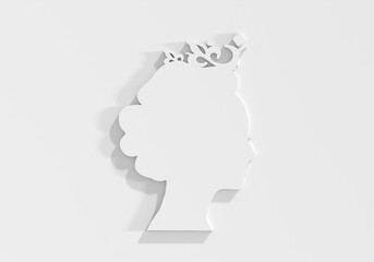 Profile view silhouette of a princess or queen. Cute girl portrait. Fashion branding emblem. 3D render