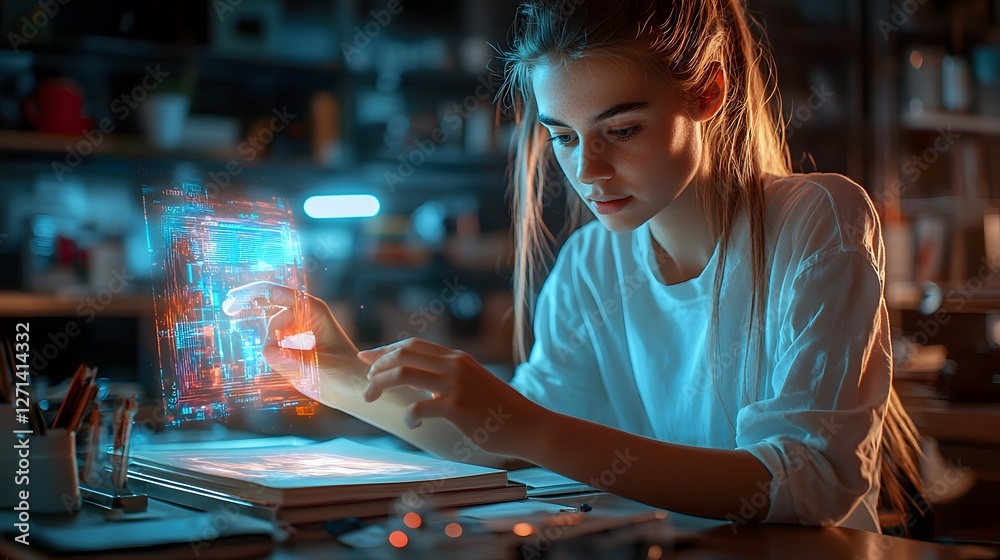 Poster student interacting with holographic book projection on desk in modern technological workspace explo