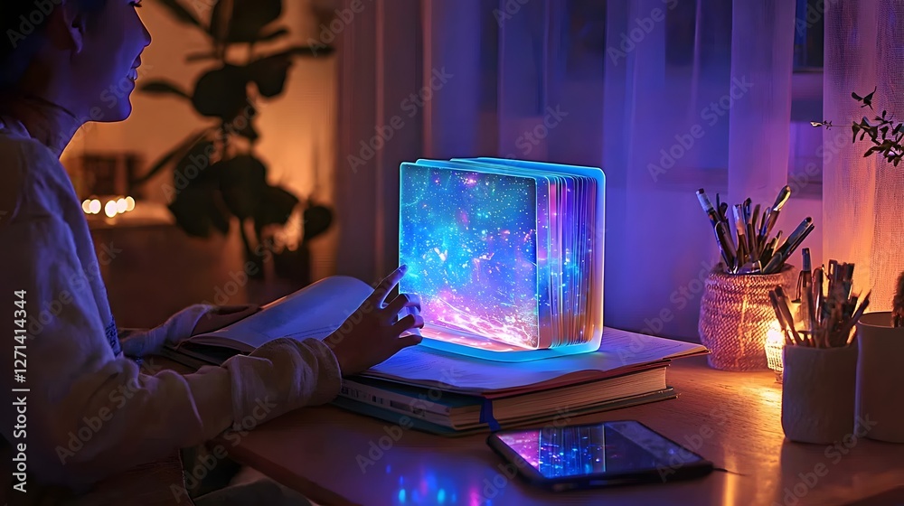 Poster student interacting with a holographic book projection on a desk in a futuristic technology forward 