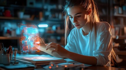 Student Interacting with Holographic Book Projection on Desk in Modern Technological Workspace Exploring Digital Information and Data Visualization for Research Learning and Innovation