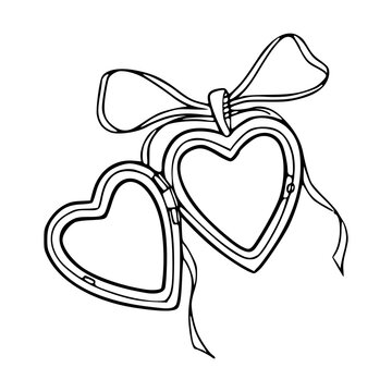 a black and white drawing of a heart shaped locket pendant with decorative ribbon