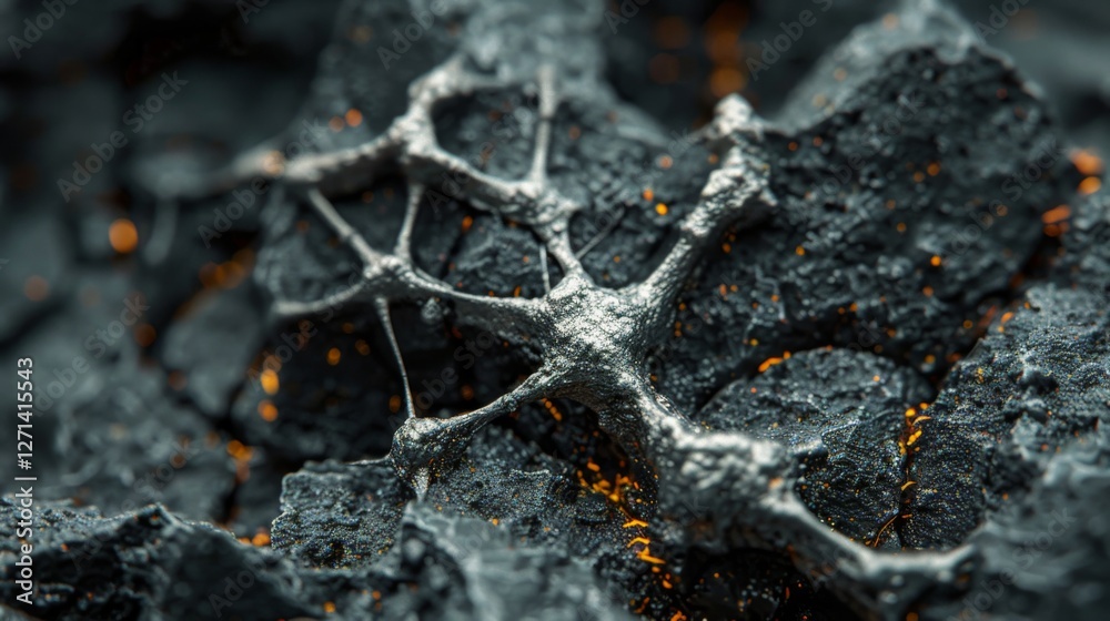 Poster a delicate silver structure is positioned atop textured black coal, surrounded by glowing embers. th