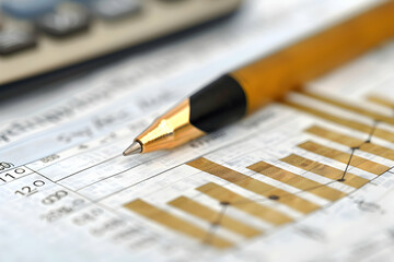 Close-up of a pen resting on financial charts with a calculator in the background, conveying analysis