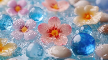 Summer Colorful flowers and droplets on a surface
