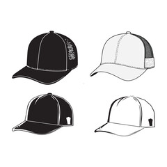 Trucker Cap Mesh Cap Template Illustration Black and White Trucker Hat Mesh Vector Mockup Tempalte Streetwear Headwear Vector Mockup Collection 6 Pannel Hat Cap Vector Mockup