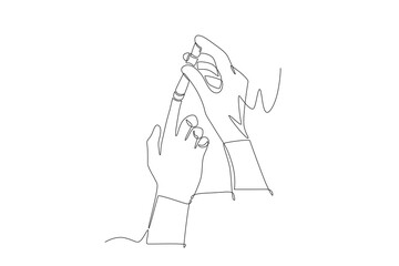 Hands checking blood test measuring cholesterol and blood sugar. Blood test concept one-line drawing