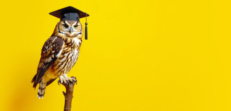 Animal in a graduate costume. owl in a black graduation hat and mortar board on a yellow background. College or university graduation concept. Funny pet. Banner