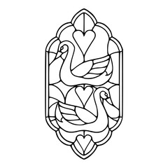 a line at drawing of a stained glass art : swans and hearts vector image