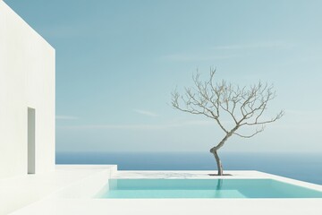 Fototapeta premium Minimalist coastal architecture scene with pool tree