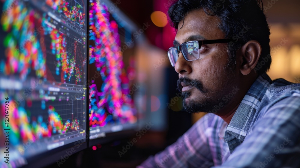 Poster An analyst intently studies vibrant data graphs on multiple screens in a contemporary office setting, with warm lighting creating an engaging atmosphere in the evening.