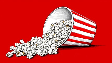 Hand-drawn popcorn spilling from striped container on red background
