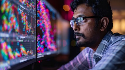 An analyst intently studies vibrant data graphs on multiple screens in a contemporary office setting, with warm lighting creating an engaging atmosphere in the evening.