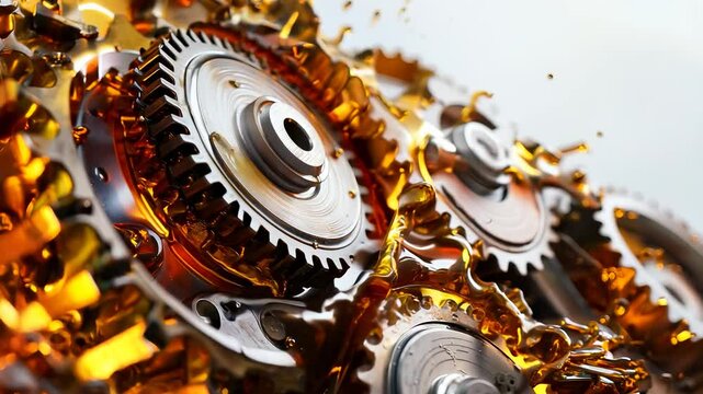 Gear oil video: process of gears bathed in motor oil, emphasizing the role of lubrication in improving machine performance, preventing wear, and ensuring smooth operation in industrial equipment.