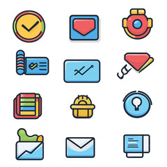 Business icon set with check mark, mail, hard hat, bulb, graph icons