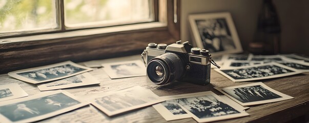 Vintage camera surrounded by black and white photographs on wood