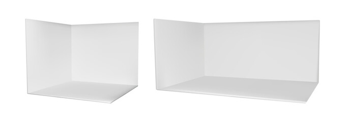 3d booth stand with white wall. Empty cube box interior for trade or fair show. Corner exhibit template with product display space. Small kiosk with panel inside. Store section view isolated area.