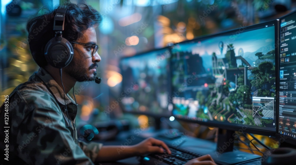 Poster young man in casual attire sits at a multi monitor gaming station, deeply engaged in a strategy game