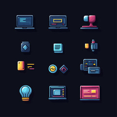 Collection of Technology Icons on Dark Background in Vector Style