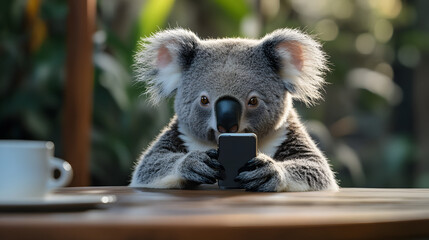Obraz premium A koala is sitting at a table with a cell phone in its paw