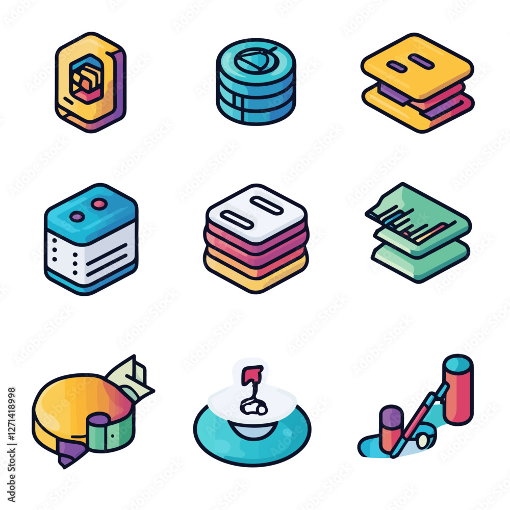 Poster isometric ui icon set with app wallet code data analytics design