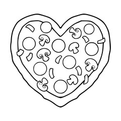 a black and white drawing of a heart-shaped pizza with toppings for coloring pages