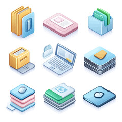 Isometric Office Technology Icons: Data, Cloud, Server, Laptop, and Files