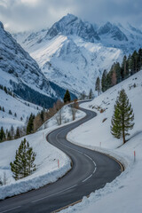 Winding road through snowy mountains under a cloudy sky during winter season