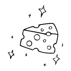 a black and white drawing of a cartoon cheese slice with sparkles : vector image