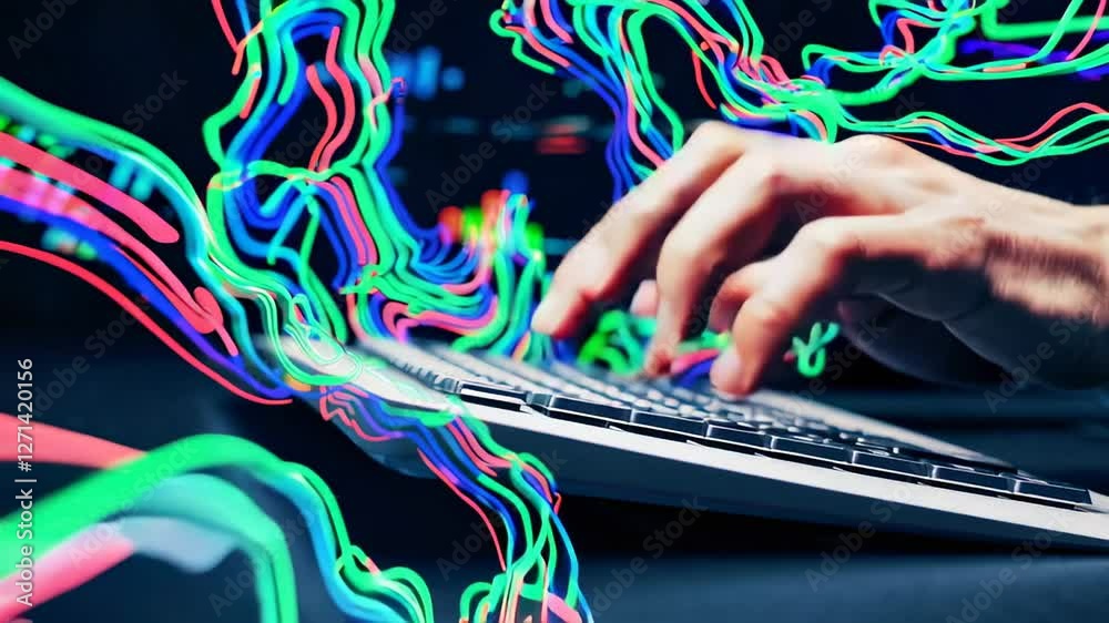 Aufkleber Businessman's hands typing on keyboard with colorful abstract lines flowing dynamically, representing data flow, innovation, and creative technological communication