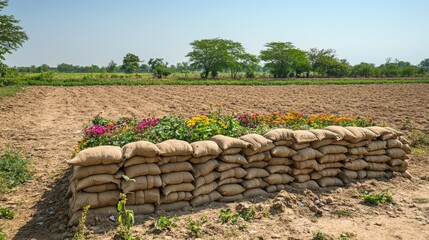 Vibrant Garden Sheltered by Stacked Sandbags from Barren Field