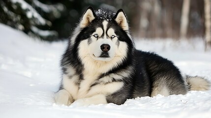 Obraz premium Husky resting in snowy forest