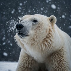 A polar bear shaking its head, sending snowflakes flying.