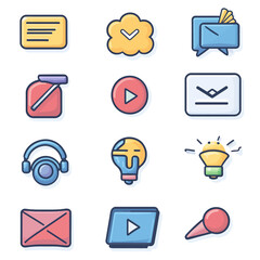 Vector icons of email, lightbulb, headphones, and video playback tools