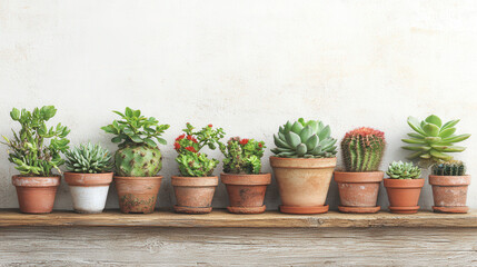 Naklejka premium Succulent plants grown in pots on wooden boards