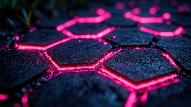 Glowing Hexagon Path, Night, Nature, Cyberpunk