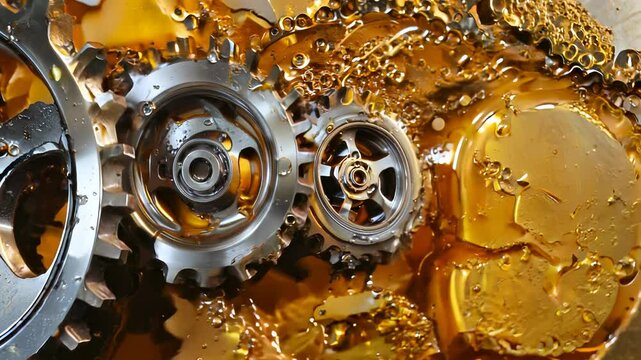 Industrial lubrication video: gears soaked in motor oil, proper lubrication maximizes the efficiency of mechanical systems, reduces damage, and extends the lifespan of essential machinery components.