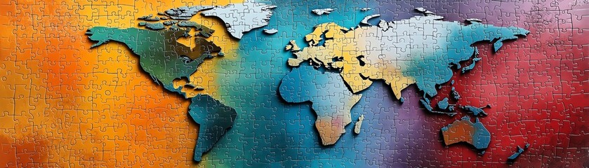 Bold and bright puzzle pieces interlocking to form a world map, dynamic colors, globally inspired artwork, abstract design
