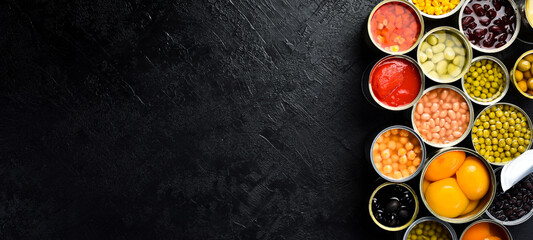 A large assortment of canned preserves food in tin open cans. On a gray stone background. Food banner. Top view.