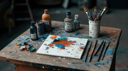 A vibrant artist's workspace featuring paints, brushes, and a canvas filled with colorful splatters, evoking creativity and inspiration.