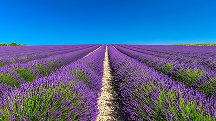 Fototapeta premium Lavender field rows under a clear blue sky