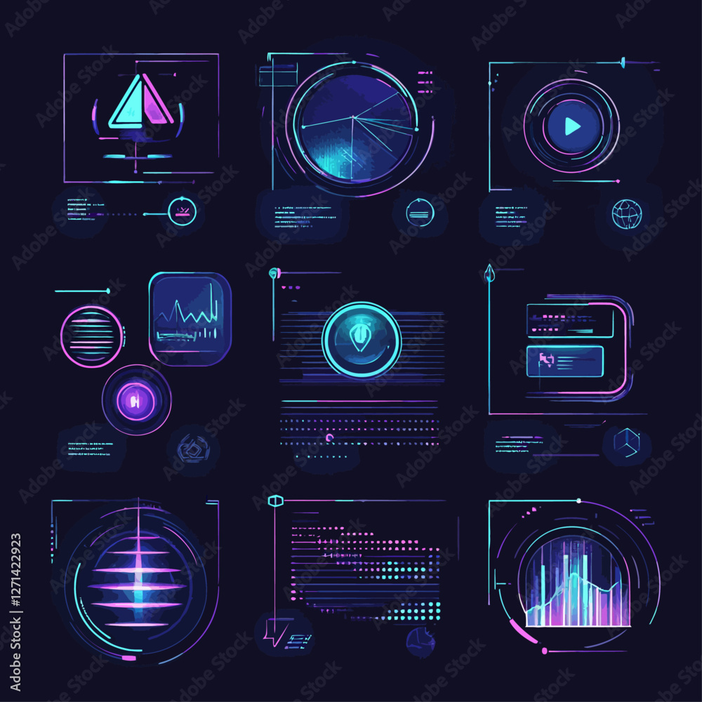 Poster futuristic neon interface elements for data analysis and visualization