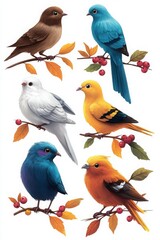 Fototapeta premium Barn swallow, bluebird, white dove, goldfinch, and Baltimore oriole perched on branches in an artistic illustration.