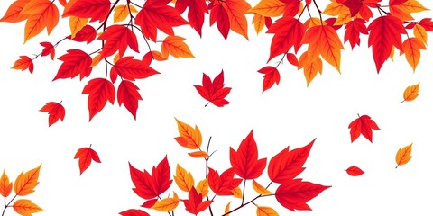 Fototapeta premium Yellow and red autumn leaves scattered across a white background, capturing the beauty of nature in a vector flat illustration, leaves, nature, beauty
