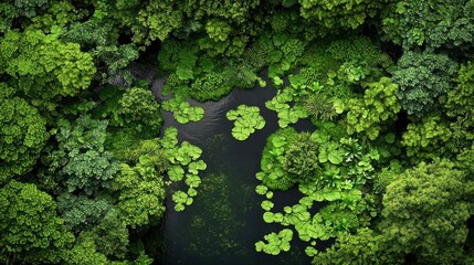 Naklejka premium Aerial View of Lush Green Forest with Pond