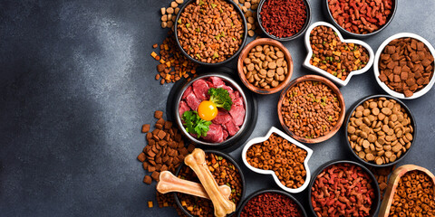 A set of dry food for dogs and cats. A type of nutritious food for pets. Banner.