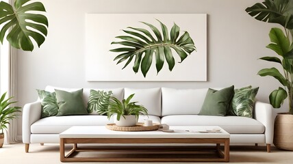 Blank white art canvas mockup above a wooden coffee table in a tropical-inspired living room with palm leaf accents  