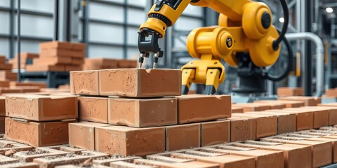Yellow robotic arm stacking clay bricks in modern factory setting, factory setting, precision, efficiency