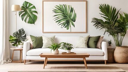 Blank white art canvas mockup above a wooden coffee table in a tropical-inspired living room with palm leaf accents  