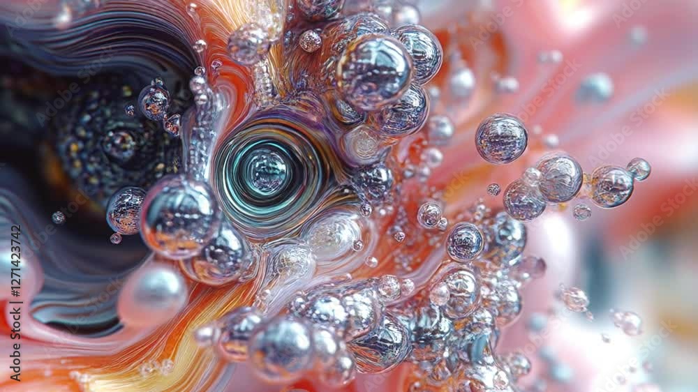 Poster Abstract animation, interactions of mixing streams of colored liquids, filled with many colorful and shiny bubbles, shimmering in colors from light pink and orange to silver and gray
