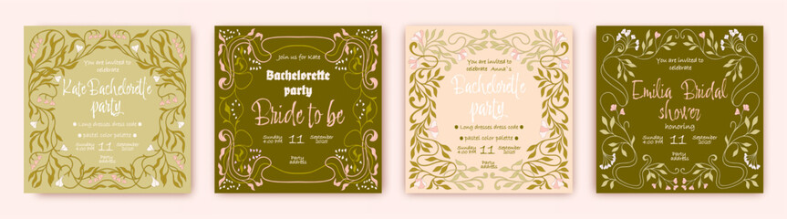 Customizable Bachelorette invites. Vintage floral invitation. Vector.